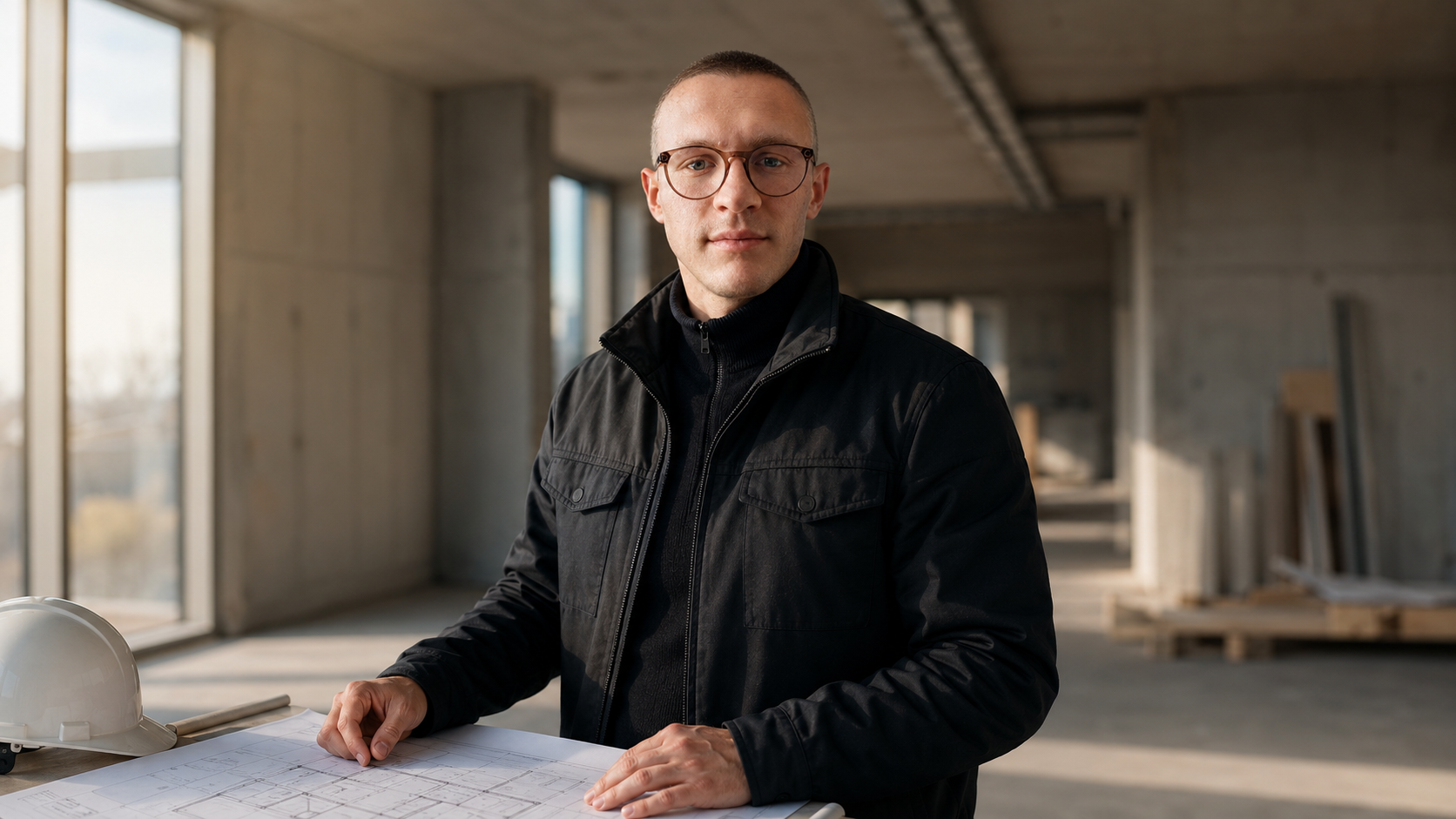 Joshua Pichler in einer Bauumgebung mit Plänen als Symbol für praktische Erfahrung und strategisches Denken