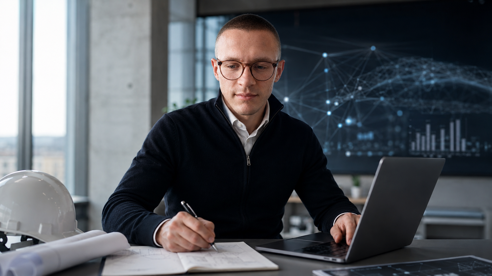 Joshua Pichler zwischen Bauplänen, Laptop und digitalen Auswertungen als Symbol für Lernen und Wandel
